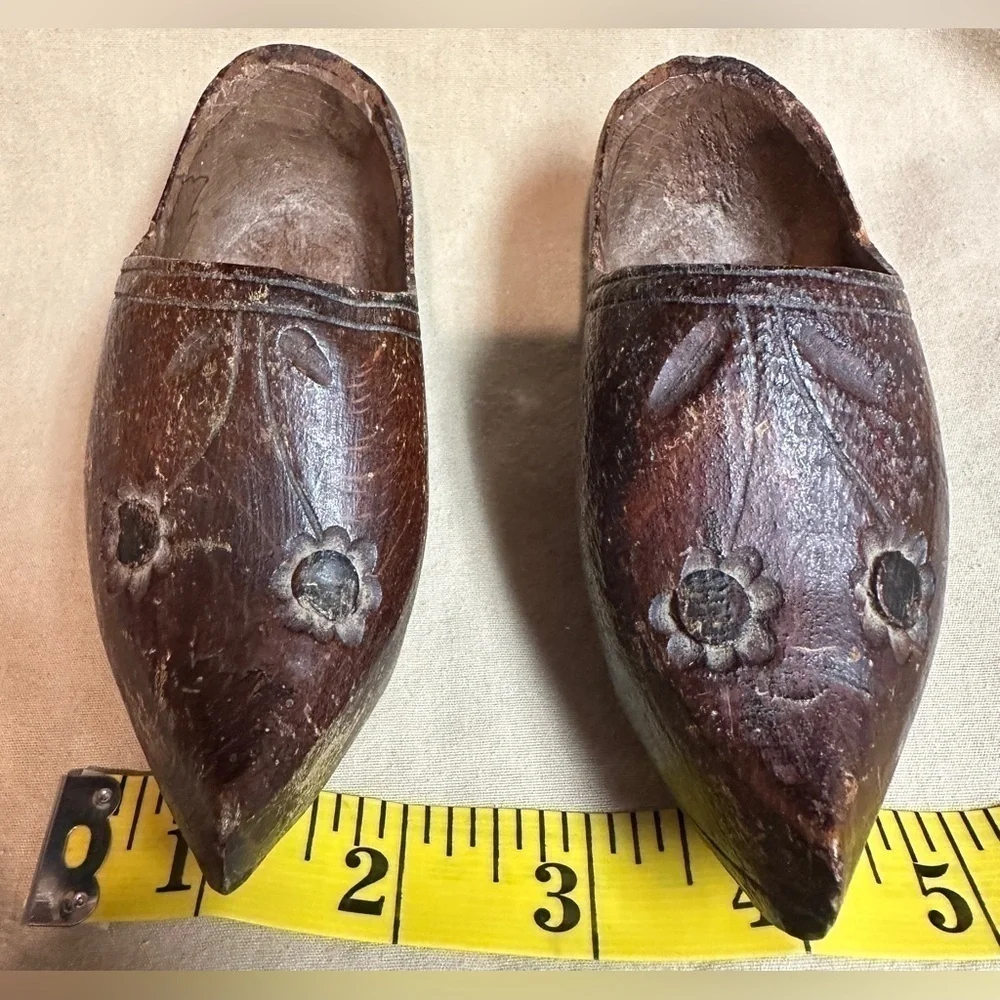 Rustic Hand Carved Antique Vintage Miniature Wooden Souvenir Clogs Flower Detail